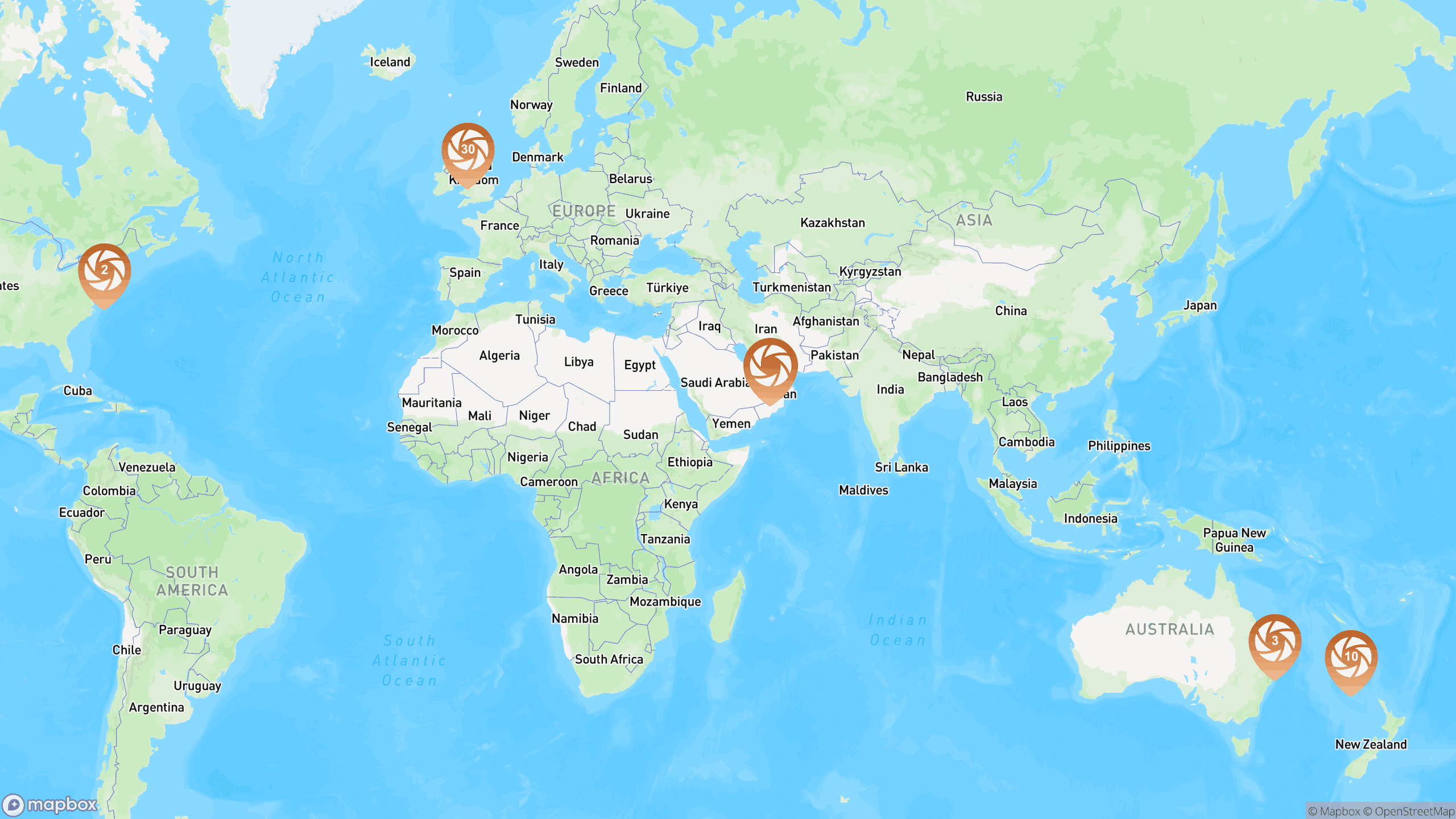 Map showing all photography locations around the world