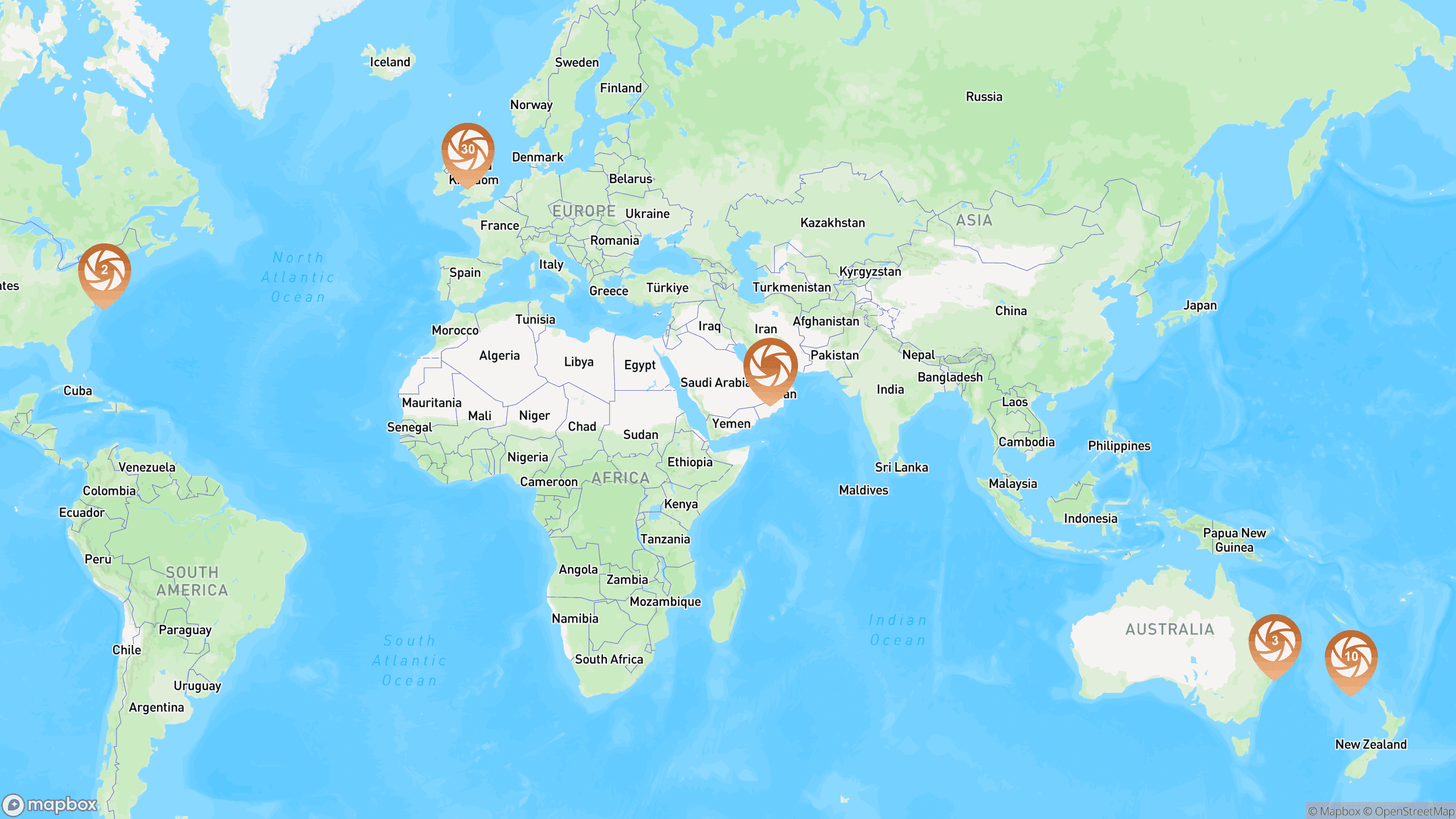 Map showing all photography locations around the world