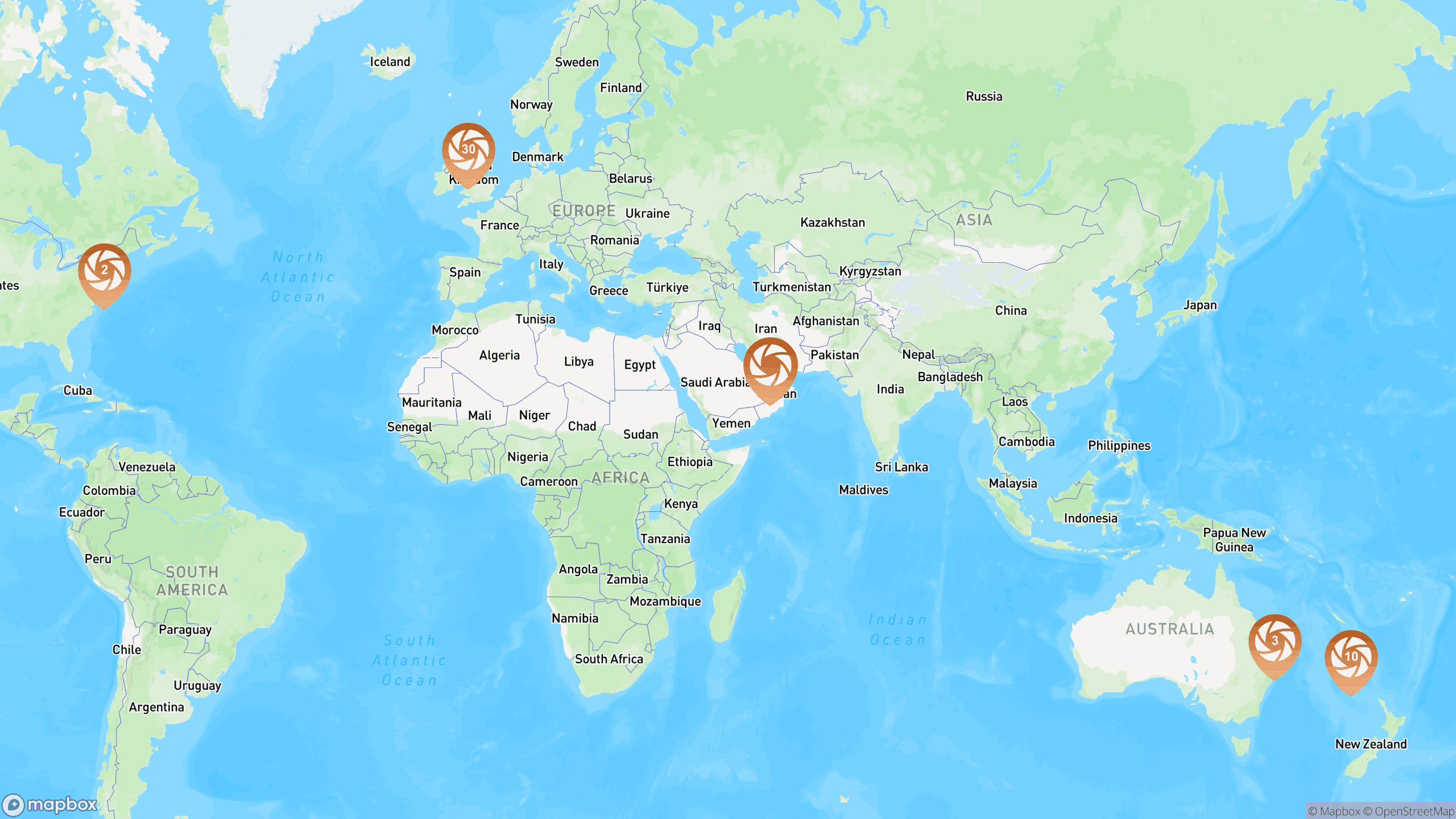 Map showing all photography locations around the world
